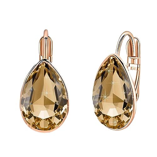 Teardrop Austrian Crystal Leverback Drop Earrings for Women 14K Rose Gold Plated Hypoallergenic Jewelry