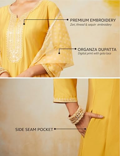 Image of Amazon Brand - Myx Women's Embroidered Anarkali Kurta Pant Set with Organza Dupatta | A-line fit (Available in Plus Sizes)