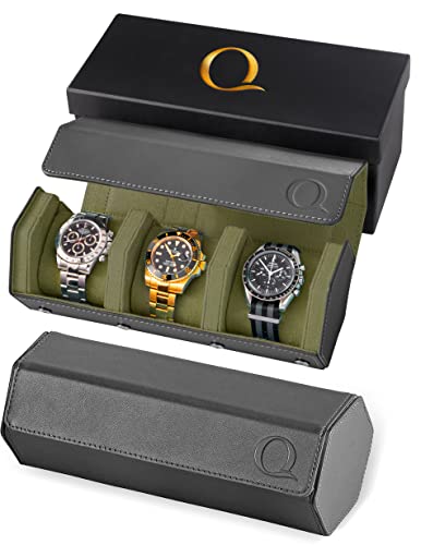 Qwatchbands Napa Leather Watch Rolls For Men - Hexagon Triple Watch Roll Travel Case For 3 Watches - Storage Organizer Genuine Leather With Velvet Interior Display (Gray/Green) #TOP2