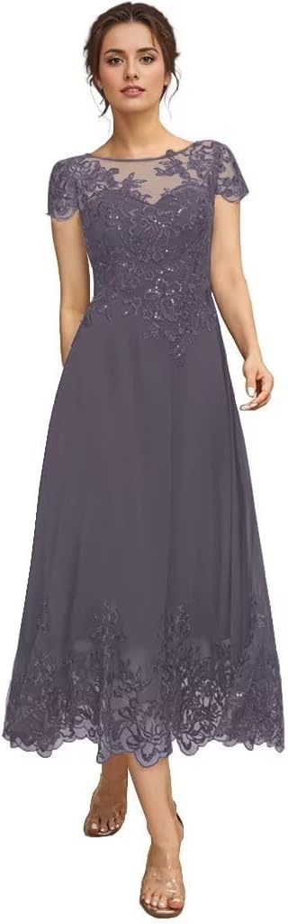 Applique Mother of The Bride Dresses for Wedding 2026 Cap Sleeve Tea Length Formal Evening Party Gown