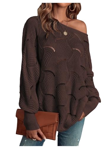 Women's Hollow Out Sweater Long Sleeve Boat Neck Oversized Pointelle Knit Pullover Top