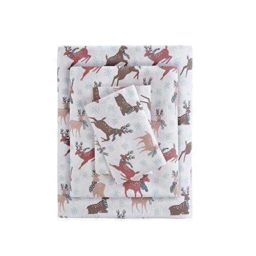 Image of Sleep Philosophy True North Cozy Flannel Warm 100% Cotton Sheet - Novelty Print Animals Stars Cute Ultra Soft Cold Weather Bedding Set, Queen, Reindeer 4 Piece