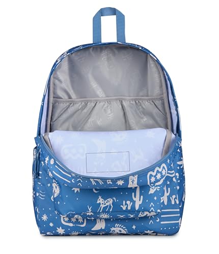 Image of JanSport SuperBreak Plus Backpack with Padded 15-inch Laptop Sleeve and Integrated Bottle Pocket - Spacious and Durable Daypack for Work and Travel, Yeehaw And Horses Elemental Blue /Cream
