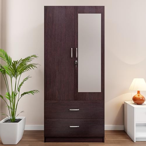 Image of VIKI Wardrobe | Albarracin Wardrobe | Wooden Almirah for 2 Door Wardrobe with 2 Drawer & Hanging Space with Mirror (Dark Wenge - 40D x 80W x 180.8H) | 1 Year Warranty | Free Assembly
