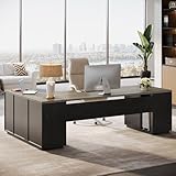 Tribesigns 85.8-Inch L-Shaped Executive Desk with File Drawers, Door Cabinet & Shelves, Extra Large Commercial Office Desk, Modern Professional Office Table, Grey & Black Business Furniture