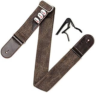 SILENCEBAN Soft Cotton Adjustable Brown Shoulder Guitar Strap for kids adults 3-in-1 Strap with Leather Pick Holder Includes Black Capo and 3 Picks kit for Electric and Acoustic Guitar