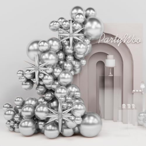 Image of PartyWoo Metallic Silver Star Balloons 110pcs Different Sizes 18 12 10 5 Inch Pack 22 Inch Silver Spike Star Explosion Foil Mylar Balloon Arch Kit for Birthday Party Decorations Silver-G102