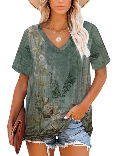 NARRAME T-Shirt pour Femmes, Hauts d'été décontractés, Tuniques à Manches Courtes À Fleurs Vert Rose X-Large XL 46-48
