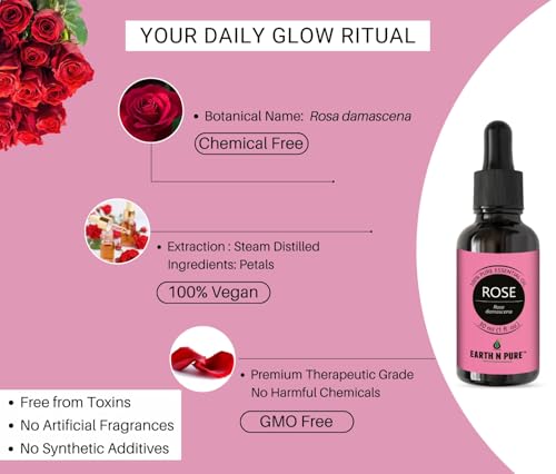 Image of Earth N Pure Rose (Gulab Oil) Essential Oil Natural and Therapeutic Grade with Glass Dropper 30 ml