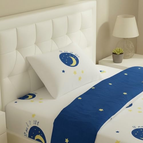 Image of Filymore Good Night Design Elastic Fitted bedsheet for Kids Room Single Bed 240 TC Soft Microfiber 1 bedsheet and 1 Pillow Cover (Size 72x36 inches) fit up to 6 inches Mattress(White)