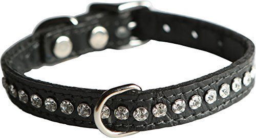 Image of Signature Leather Crystal Dog Collar, Black Crocodile Grain Leather, Fits 9.5 inch-11.5 inch Neck Size, 14 inch Overall Length