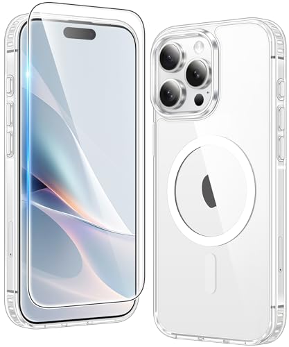 FNTCASE for iPhone 15 Pro-Max Phone Case: Magnetic Clear Military Grade Shockproof Anti Yellowing Slim Phone Cover with Screen Protector, Protective Rugged Case for 15 Promax, Clear