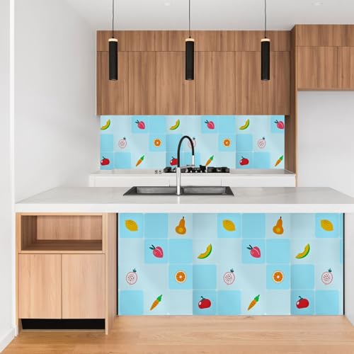 Image of SARVATRAY Self-Adhesive Wallpaper, Kitchen Stickers Oil Proof Heat Resistant, Wall Stickers for Kitchen, Wallpaper for Wall, Vinyl Sheet, Kitchen Wall 2 X 6.5 SQ FT (2 M Fruit Theme Blue WS)