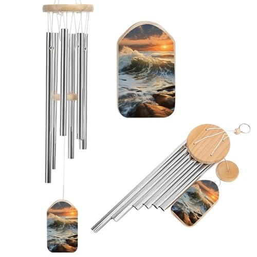 Outdoor Wind Chimes, Rocky Wave Sunset Painting Printed Wind Chimes,Simple Wind Chimes,Curtain Wind Chimes for Home Decoration