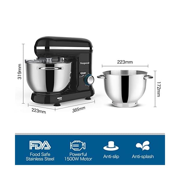 Küchenmaschine Knetmaschine zum Backen, Vospeed 1500W 10 Geschwindigkeit Elektrischer Küchenmixer mit 6QT Schüssel, Rührbesen, Haken, Schneebesen, Eiertrenner (Schwarz) – Bild 6