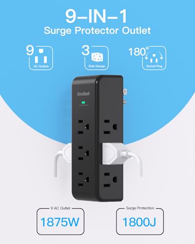 Image of Surge Protector Outlet Extender, 9 AC Multi Outlet Wall Plug with Rotating Plug, 1800J Wall Charger, 3-Sided Power Strip Electrical Plug Adapter Outlet Splitter for Home Office Dorm, Black