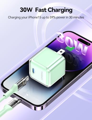 USB C Charger,THREEKEY 30W GaN Fast Wall Charger Block,PD USB-C Power Adapter Compatible with iPhone 15/14/13/12/11 series,MacBook Air,Galaxy S23/22/21,iPad Pro/Air?Green?