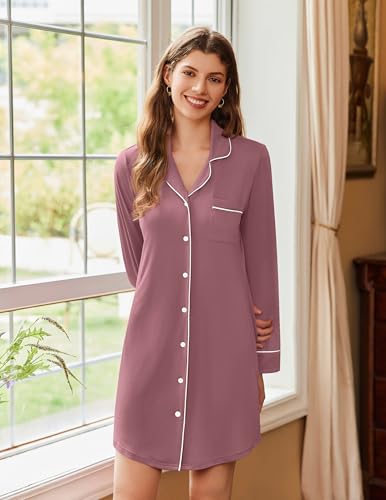 Image of Ekouaer Nightgowns for Women Long Sleeve Night Gown Button Pajama Dress