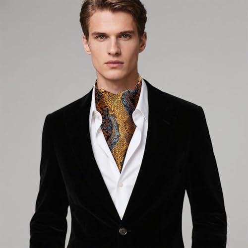 Image of Hi-Tie Silk Ascot for Men Self Tie Men's Cravat and Flower Lapel Pin Handkerchief Cufflinks Set for Wedding Party