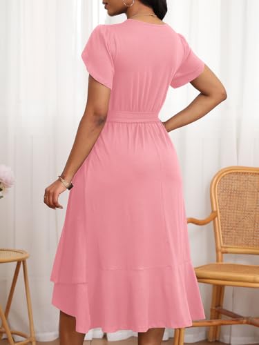 Image of PerZeal Women's Summer Dress Casual Ruffle Sleeve Crewneck A-Line Tiered Flowy Short Sleeve Long Dress with Belt