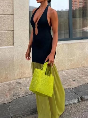 Molisry Women's Patchwork Halter Dress Sexy Sleeveless Hollowed Cut Out Mesh Flowy Slit Maxi Sun Dress Party Club3