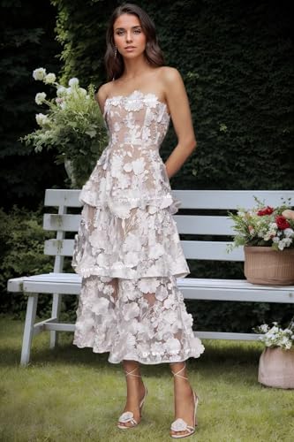 Women's 3D Floral Prom Dresses Sweetheart Strapless Tiered Formal Party Gowns A-Line Long for Wedding Guest DR07383