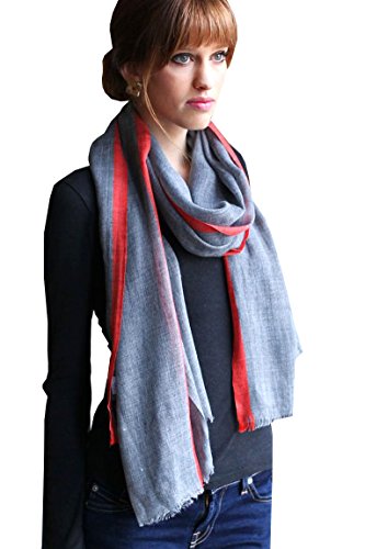 Women's Stripe Selvedge Gray Soft Lightweight Wool Scarf (Tuscany Orange) #TOP29