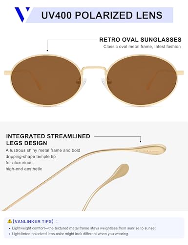 VANLINKER Retro Oval Polarized Sunglasses for Women Men Vintage 90s Metal Gold Frame Shades VL98724