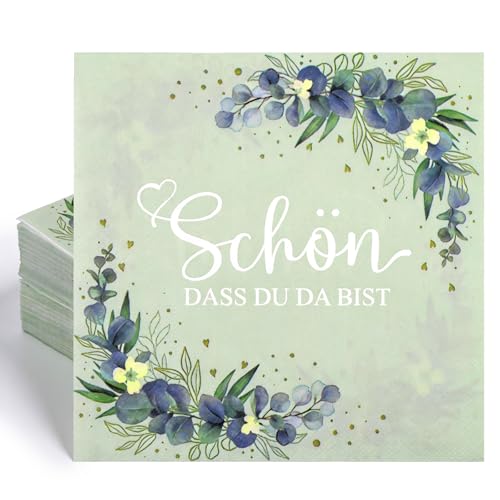 100 Stück Servietten Schön Dass Du Da Bist 33 x 33cm Servietten Salbeigrün Eukalyptus Grün mit Spruch für Geburtstag Hochzeit Kommunion Jubiläum Taufe Tischdeko