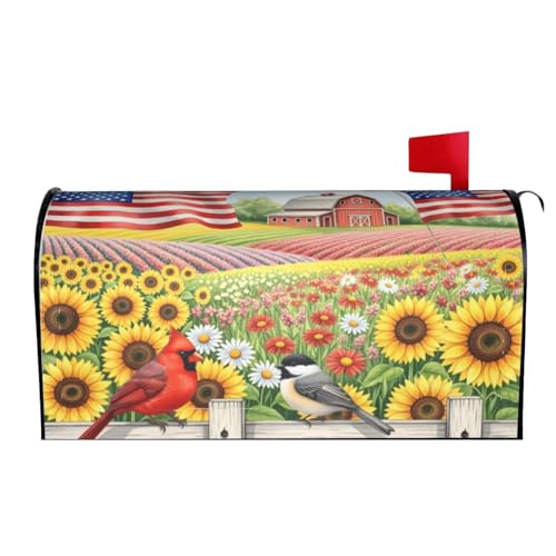 Image of American Flag Farmouse Flowers Field Mailbox Cover Magnetic Rustic Sunflowers and Birds Waterproof Mailbox Wraps Post Letter Box Decor 25.5x21 in