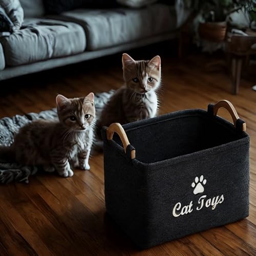 TSQZE Haustier Spielzeug Organizer Box, Katzenspielzeug Boxen Mit Griffen, Welpen Sachen Korb Filz Aufbewahrungsbox, Organizer Für Die Organisation Von Haustierspielzeug, Decken, Leinen (Katzen)