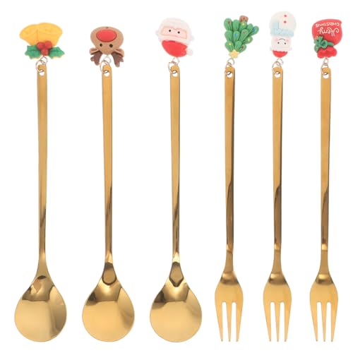 Operitacx Juego de cubiertos de 6 piezas: cucharas y tenedores con temática navideña. Tenedores (14,8 cm) y cucharas (15 cm) de acero inoxidable para el hogar, la cocina y restaurantes. Apto para
