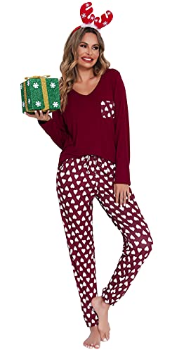 Lovasy Ensemble Pyjama Femme Coton Long Hiver Grande Taille Haut et Pantalon Pyjama Ensemble 2 Pièces,Rosa,L Cover
