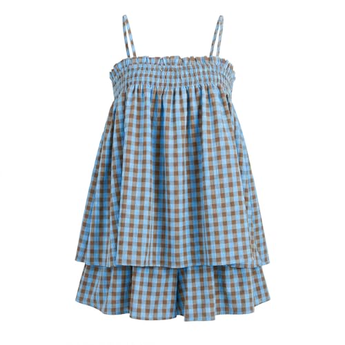 Image of Yuemengxuan Women 2 Piece Casual Lounge Set Sleeveless Strappy Tie Back Cami Top Wide Leg Shorts 2Pcs Summer Pj Set Beachwear