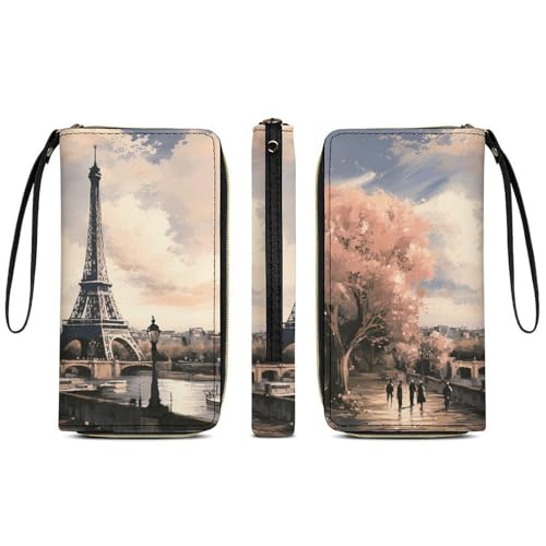 Vintage Style Eiffel Tower Paris Leather Wallet Smooth Zip Around Clutch Wristlet Travel Long Soft Purse for Women3