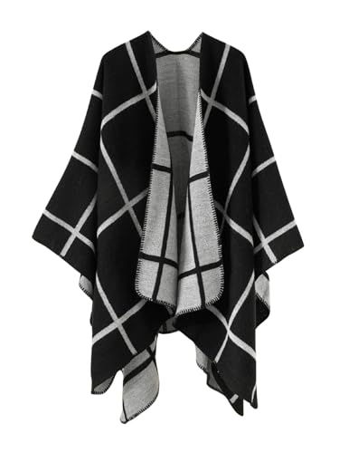 Image of Verdusa Women's Boho Plaid Poncho Shawl Wrap Cape Sweater Knit Oversized Cardigan Black One-Size