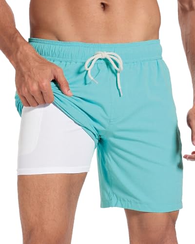 Image of Mens Swim Trunks with Compression Liner 2 in 1 Quick Dry Swimming Shorts Swimwear Bathing Suits with Pockets