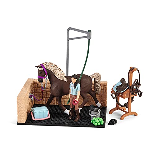 schleich HORSE CLUB — 19-Piece Equestrian Washing Area Horse Playset with Horse and Rider Figurines, Washing Stall with Moving Swivel Hose Arm, Horse Toys for Girls & Boys Ages 5+