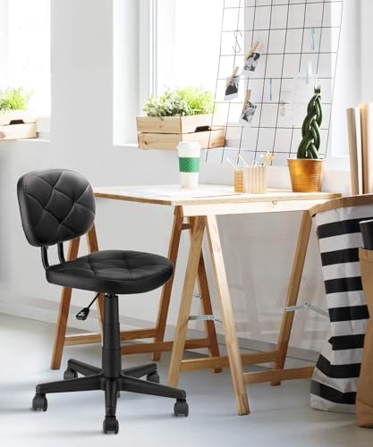 Image of KLASIKA PU Leather Rolling Stool with Back and Wheels, Adjustable Diamond Upholstered Drafting Stool, Multi-Purpose Desk Chair for Home Office Bar Kitchen Shop, Black (4PK)