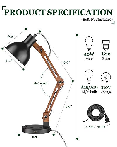 ELYONA Swing Arm Desk Lamp, Wood Table Lamp with Wireless Charging & 2 USB Ports, Adjustable Office Lamp, Black Modern Reading Lights for College Dorm, Study, Living Room, Bedroom