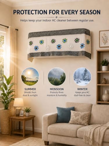Image of Premium Cotton Net Split AC Cover for 1.5 Ton Indoor Unit | Designer Summer AC Dust Protection Cover | Stylish Protective AC Cover | 38 x 15.35 x 7.8 In | Grey Flower