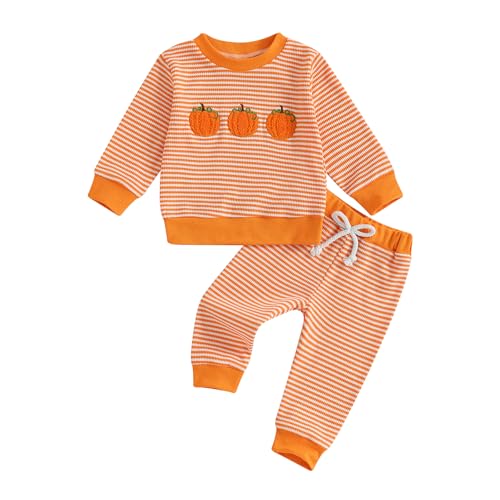 Infant Halloween Outfit Toddler Baby Girl Boy Pumpkin Long Sleeve Sweatshirt Pants Waffle Knit Clothes Fall Winter