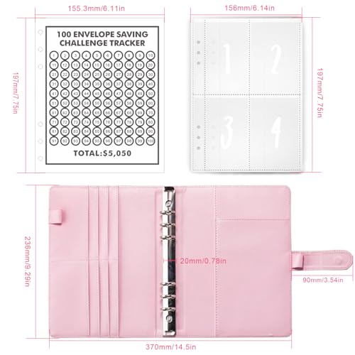 AMONENZ Rosa Sparchallenge Budgetplaner, Budgetplaner A5, Kunstleder Budget Binder, Geld Sparen Challenge mit 100 Umschlägen, für Haus, Schule, Büro