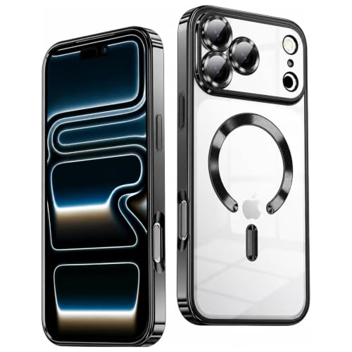 Image of Elzzi Electroplating Transparent Clear Logo Back Cover TPU Compatible with iPhone 17 Pro Case, Compatible with Magsafe, Full Body & Individual Camera Protection for Each Lens for Men & Women (Black)