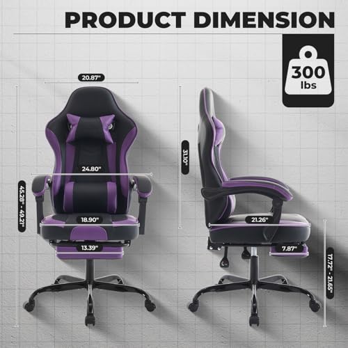 Image of Gaming Desk Chair for Adults, Ergonomic Gaming Chair with Footrest & Headrest and Lumbar Support, Leather Material Height Adjustable Computer Video Game Chairs (Purple+Black)