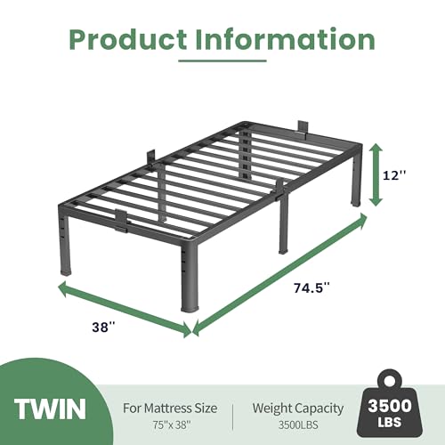 Image of NKZ 12 Inch Twin Bed Frame, Sturdy Metal Platform with Round Corner Legs, 3,500 lbs Heavy Duty Steel Slat Support, Easy Assembly, Noise Free, No Box Spring Needed