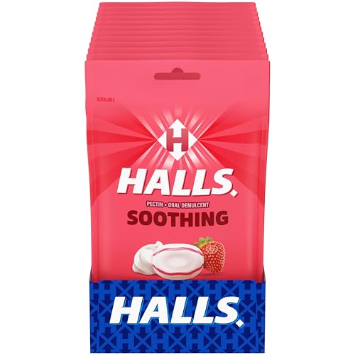 HALLS Throat Soothing Creamy Strawberry Throat Drops, 12 Bags of 25 Drops (300 Total Drops)