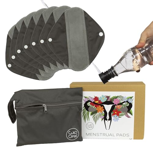 CuloClean 7pcs (S) Compresas menstruales y postparto reutilizables pequeñas de fibra de bambú. 7 salvaslips ecológicos (flujo moderado) de tela transpirable e impermeable + bolsa + bidet portátil
