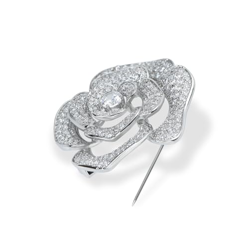 Image of Elegant Crystal Blooming Rose Flower Brooch Lapel Pin Breastpin for Women Birdal Cardigan Hat Scarf Suit Sweater Floral Pins