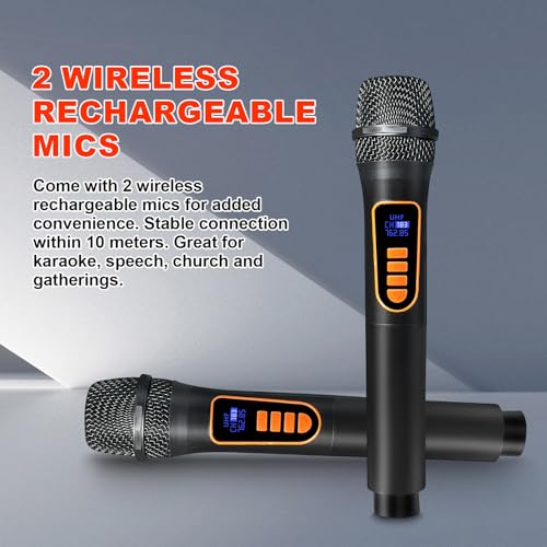 Image of Karaoke Machine with 2 Wireless Microphones, Portable Bluetooth Speaker for Adults & Kids, Bass & Treble Adjustment, PA System Supports TF Card /USB /FM /AUX for Home Party, Indoor and Outdoor